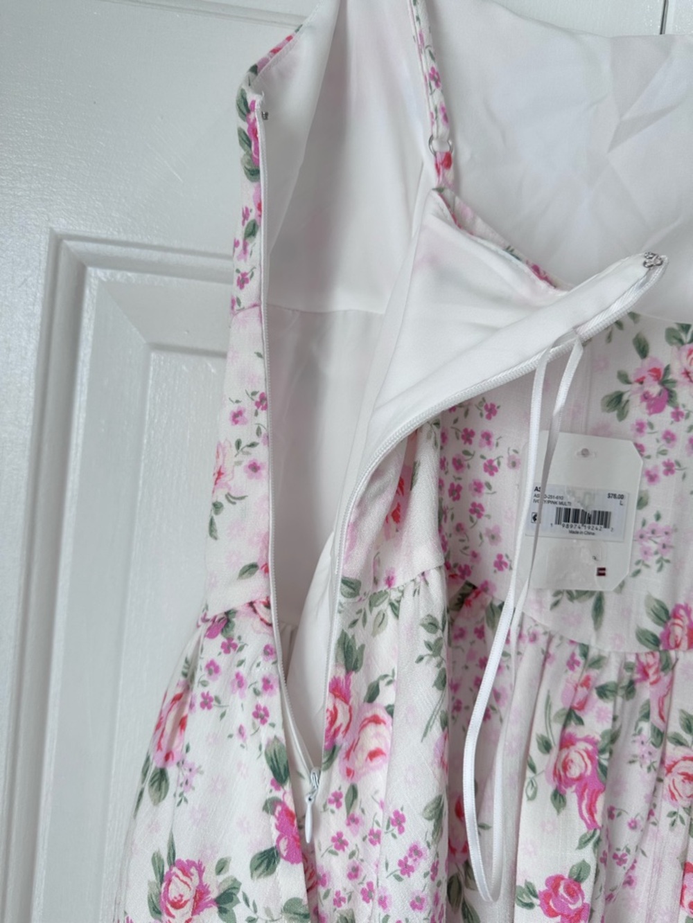 Altar'd State White Floral Mini Dress with Pink Roses, Pockets, size Large - Picture 9 of 10